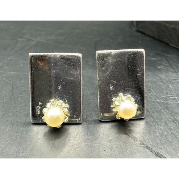 Vintage Pioneer Silver Cufflinks Pearl Tuxedo Studs Rectangle Formal Wedding - Picture 1 of 16